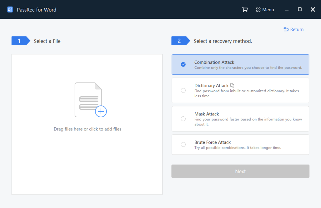 password recovery screen