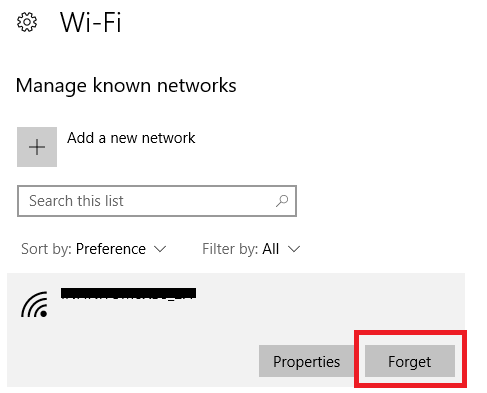 forget wifi network to fix wifi not working on windows 10