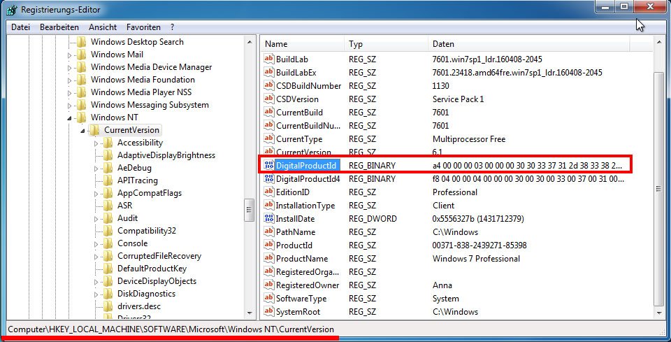 find windows 7 product id in registry